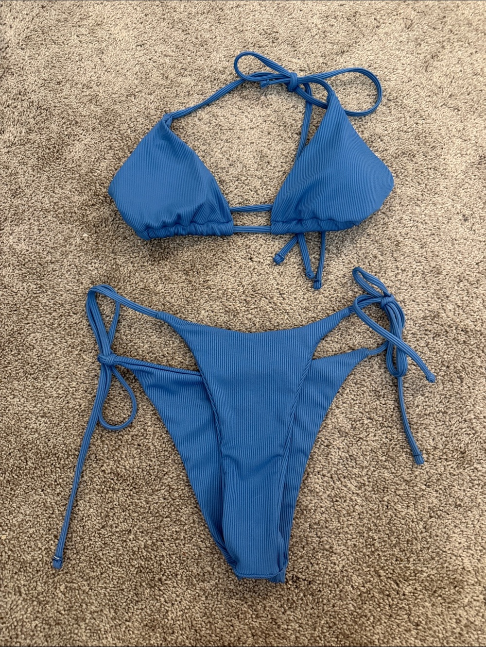 SHEIN Blue Ribbed Triangle Tie-Side Bikini
